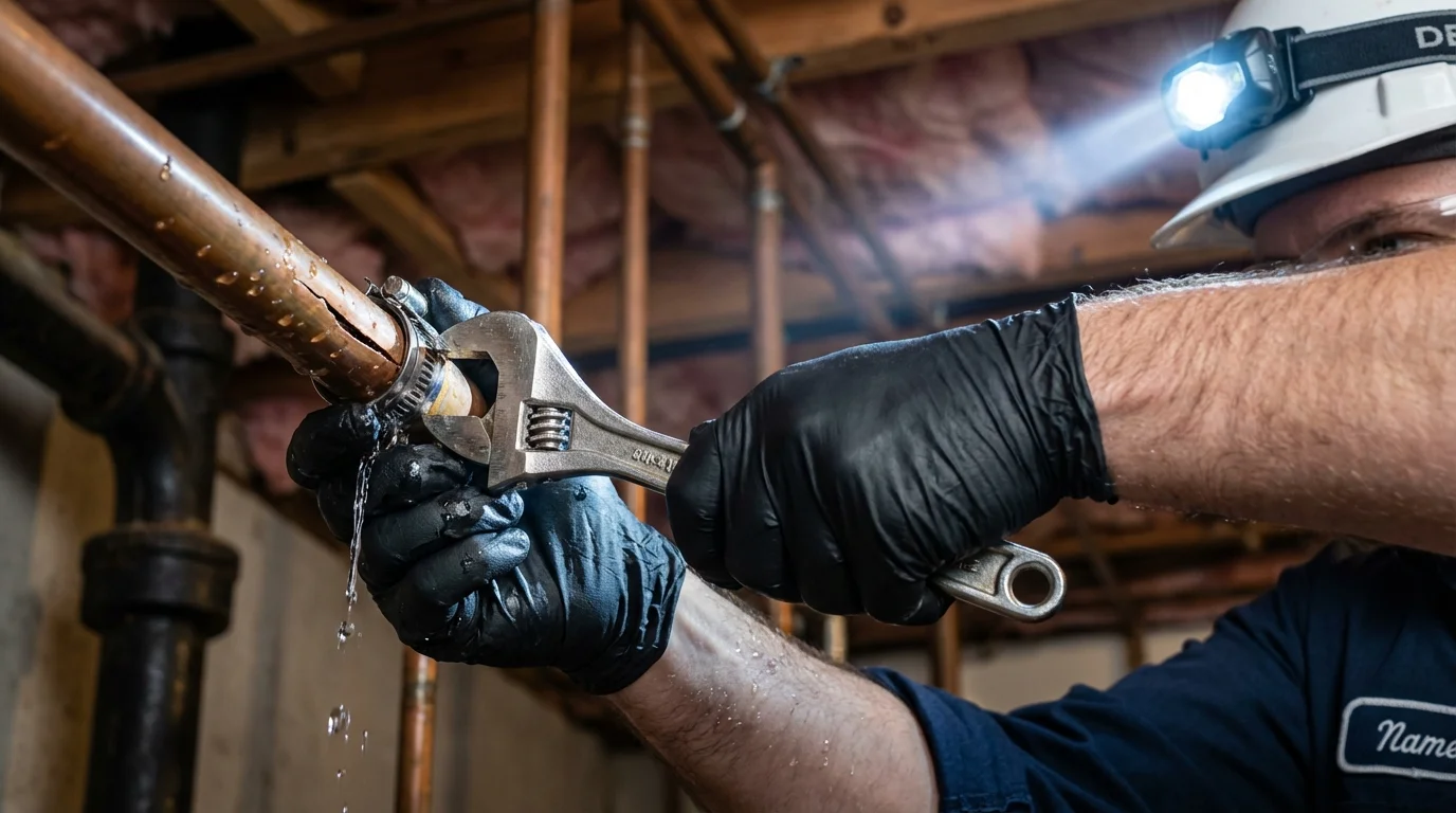 Emergency pipe clamp repair being performed by a Johns Plumbing LLC plumber in Coopersburg