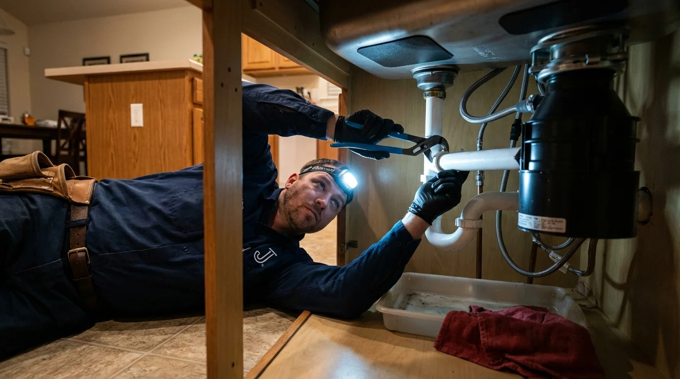 P-trap and supply line connections under a kitchen sink showing a common leak point in Coopersburg, PA
